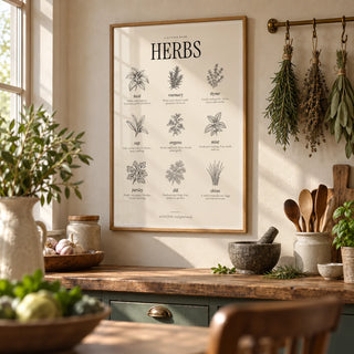 Types of Herbs Print, framed on the wall of a cottage kitchen