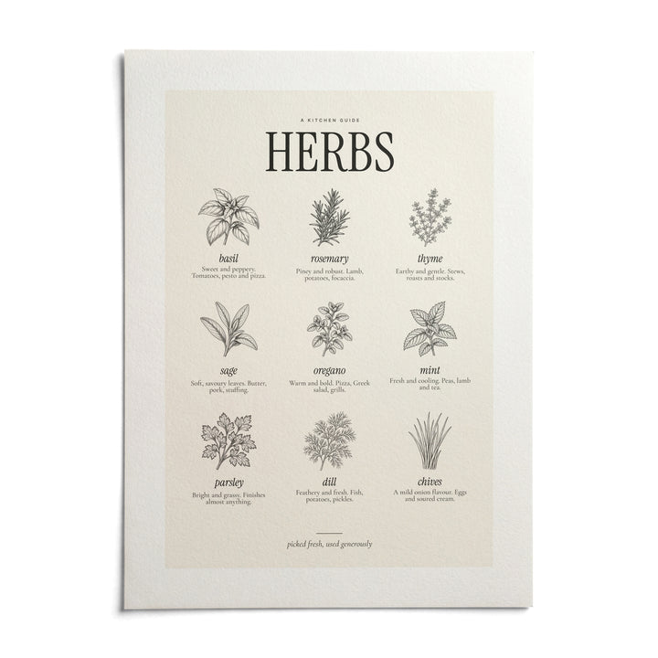 Types of Herbs Print, shown as an unframed paper print on a plain white background