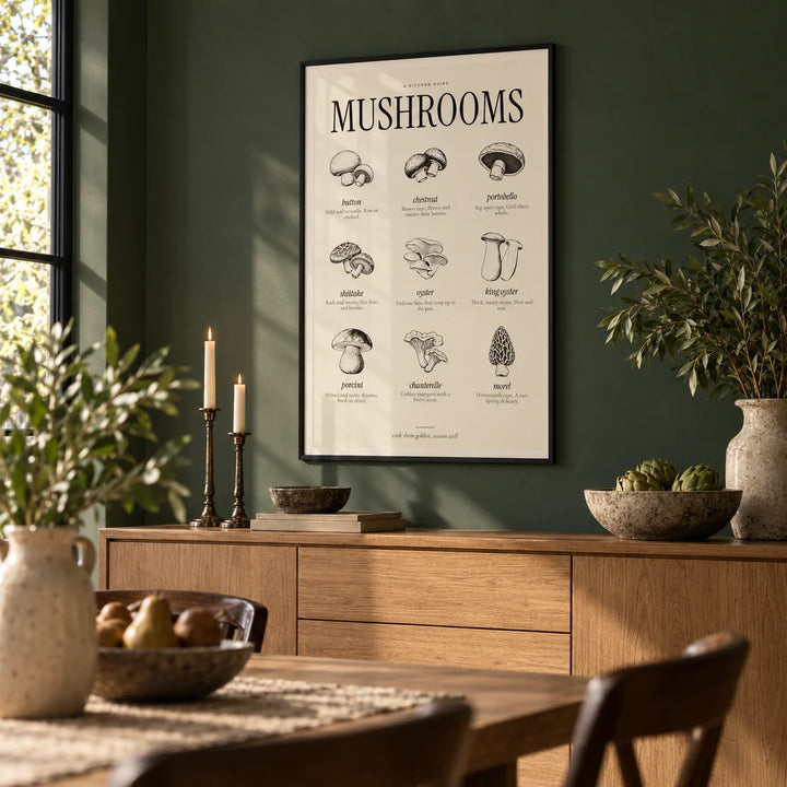 Types of Mushrooms Print, framed on the wall of a dining room with deep green walls