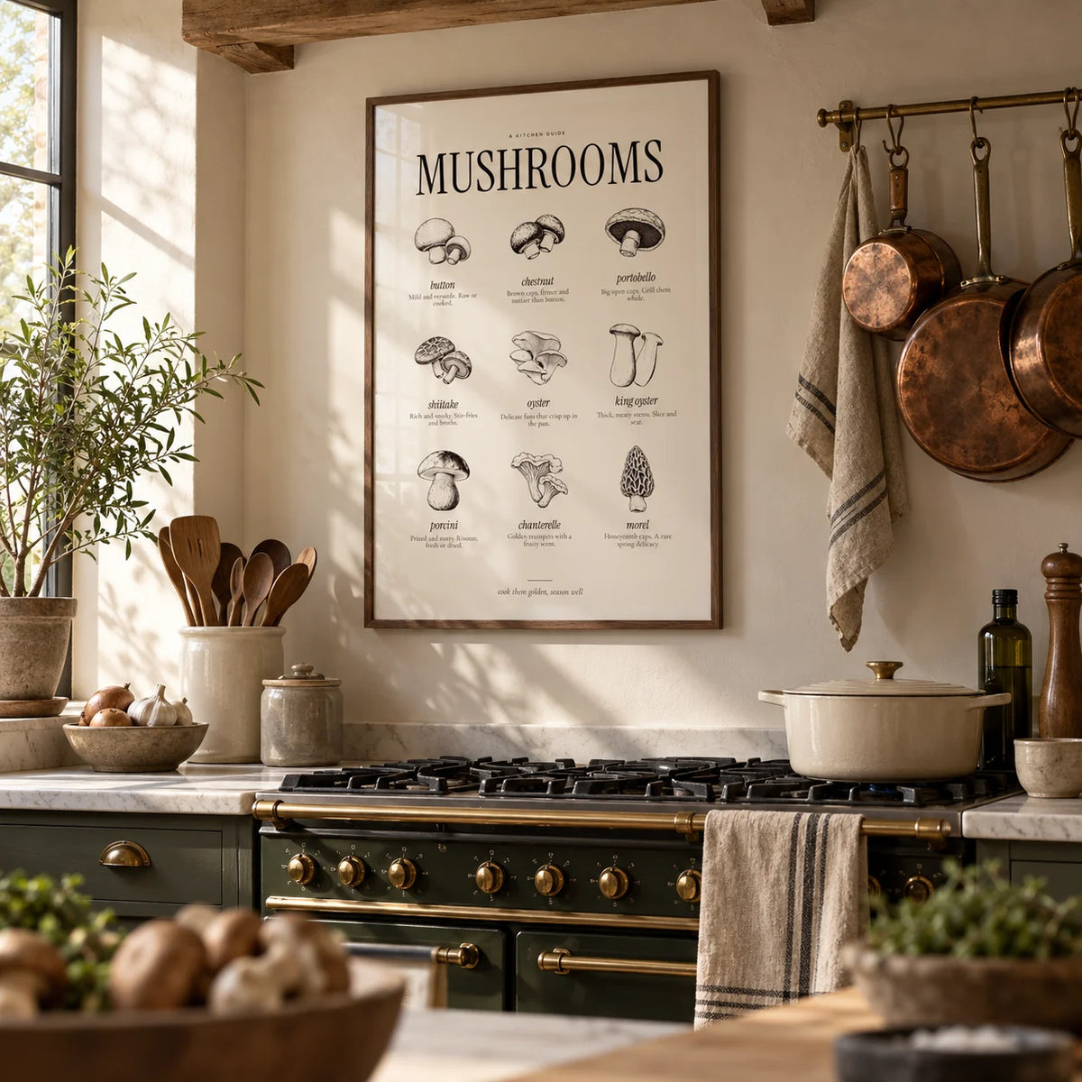 Types of Mushrooms Print, framed on the wall of a farmhouse kitchen