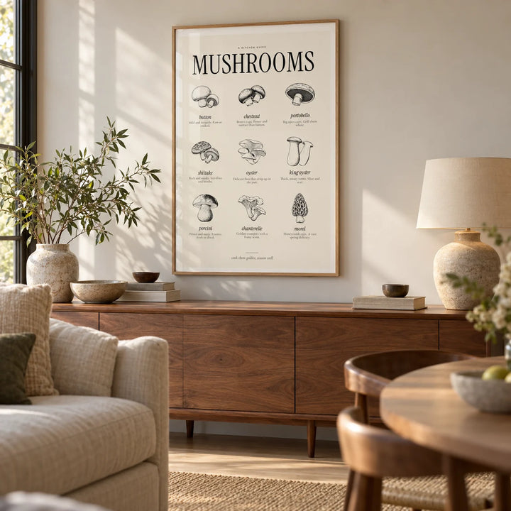 Types of Mushrooms Print, framed on the wall of an open-plan living and dining space