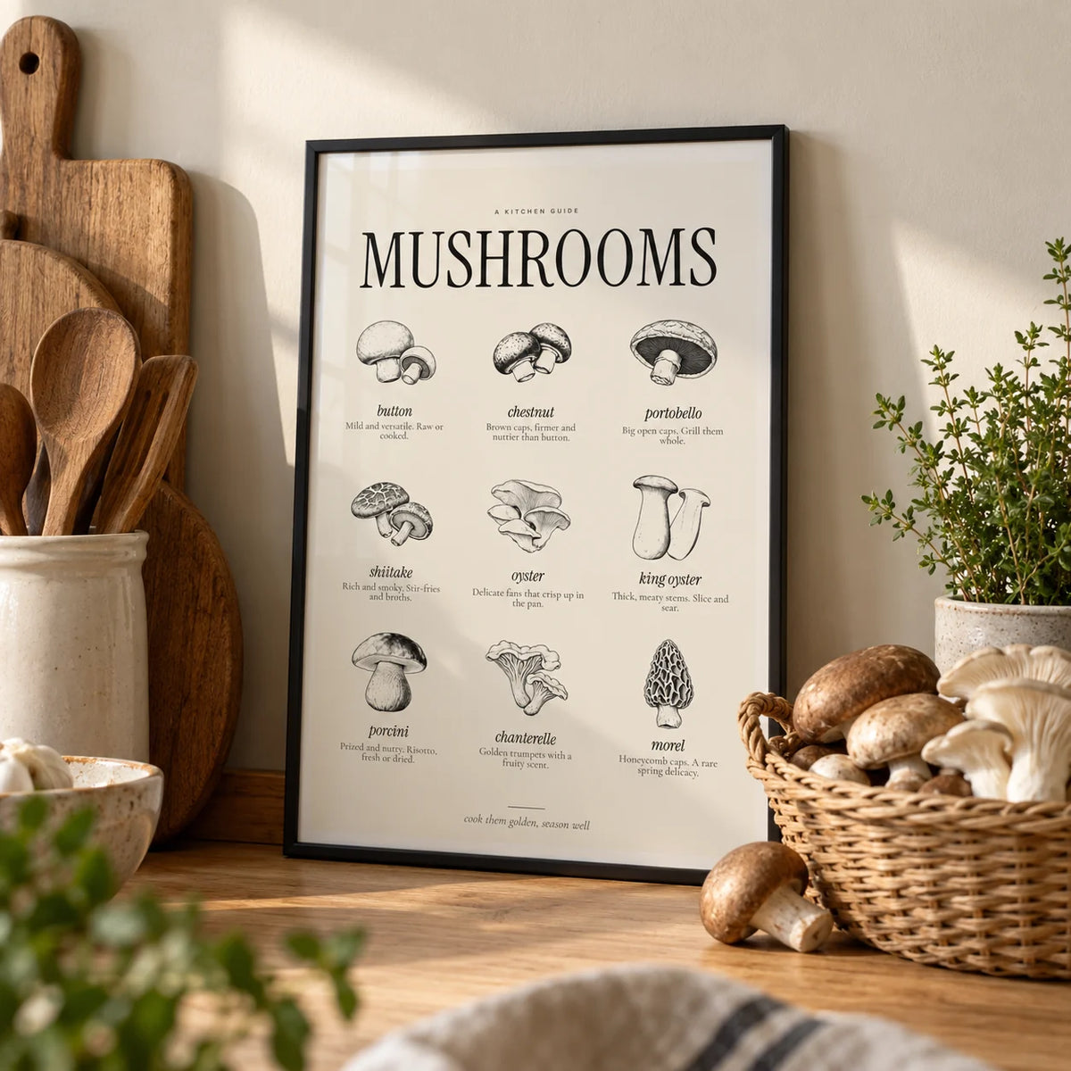Types of Mushrooms Print, a small A4 framed print leaning on an oak worktop in a kitchen