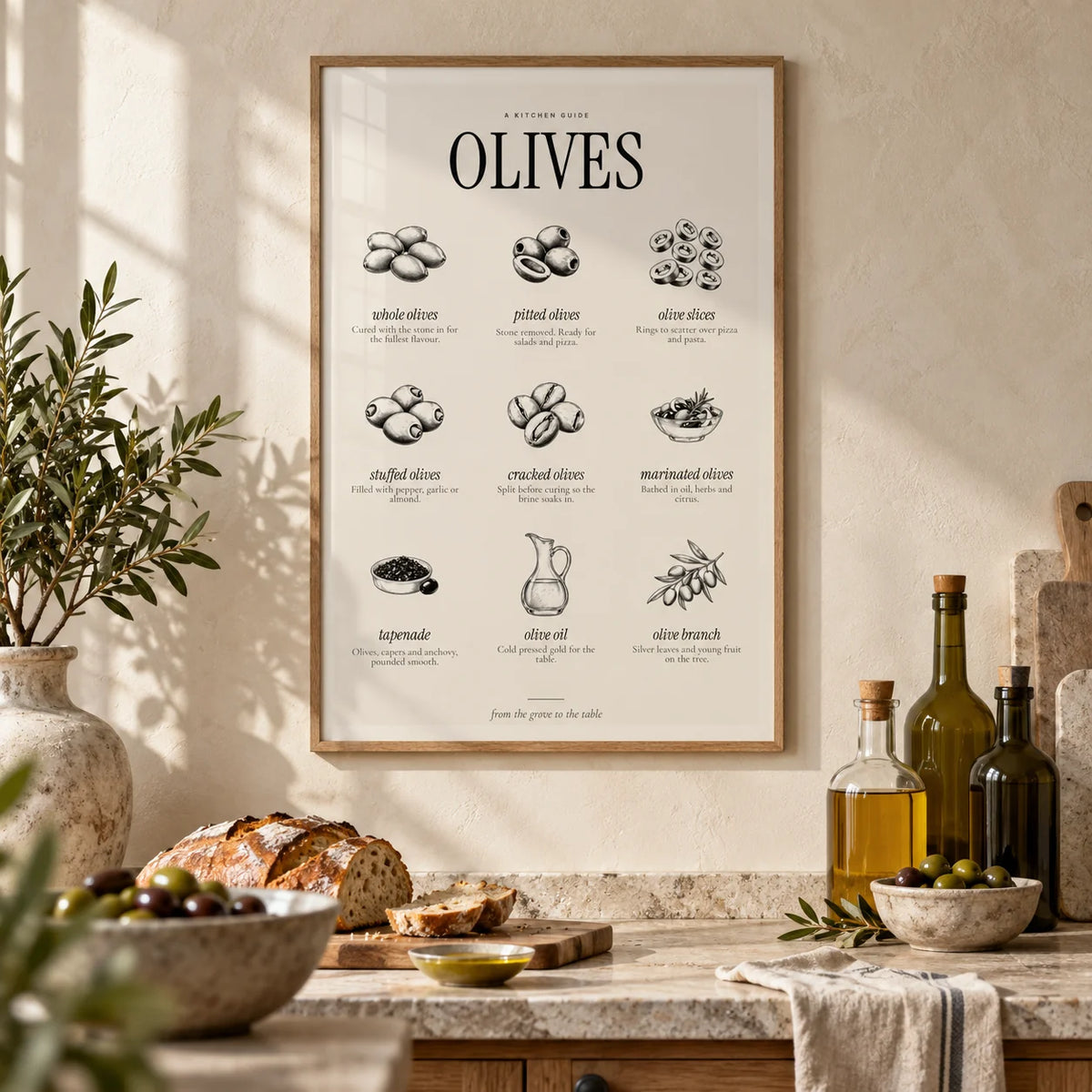Types of Olives Print, framed on the wall of a Mediterranean kitchen