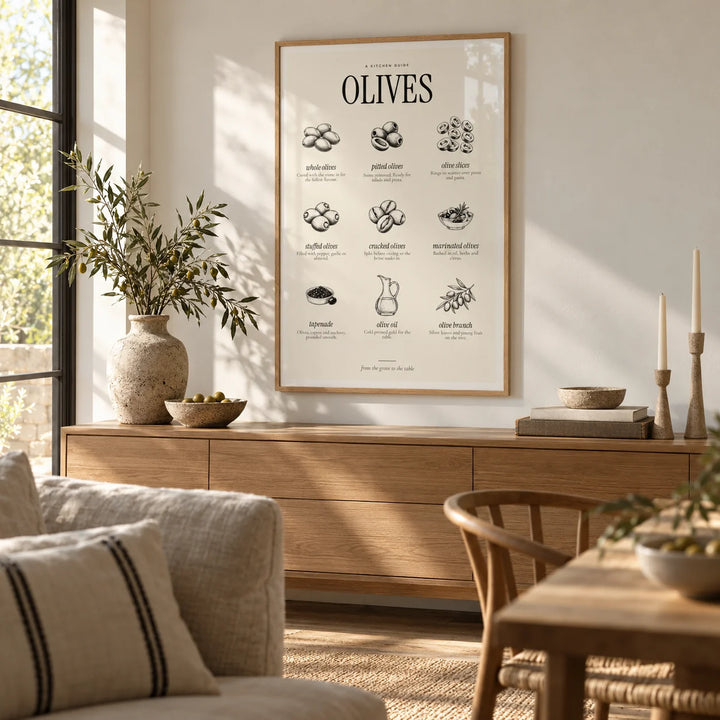 Types of Olives Print, framed on the wall of an open-plan living and dining space