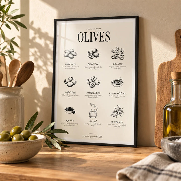 Types of Olives Print, a small A4 framed print leaning on an oak worktop in a kitchen