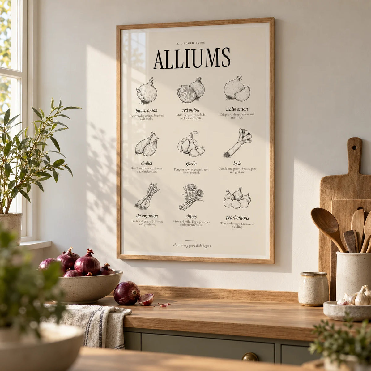 Types of Onions Print, framed on the wall of a calm modern kitchen