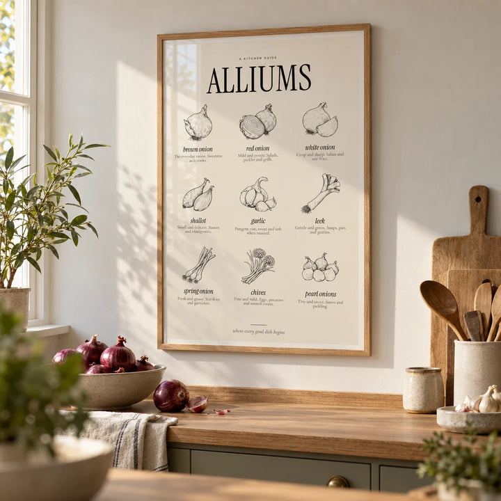 Types of Onions Print, framed on the wall of a calm modern kitchen