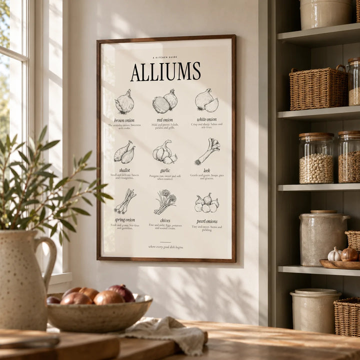 Types of Onions Print, framed on the wall of a pantry with painted shelves