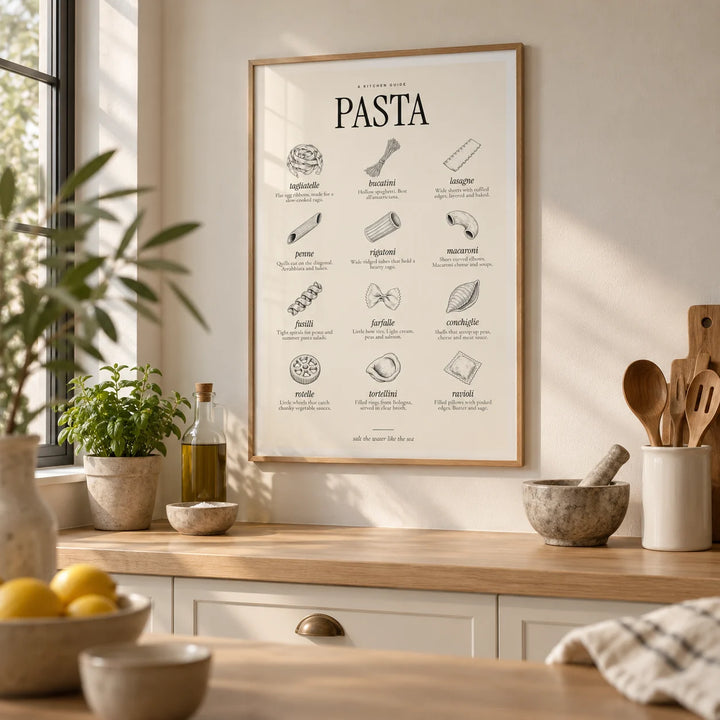 Types of Pasta Print, framed on the wall of a calm modern kitchen