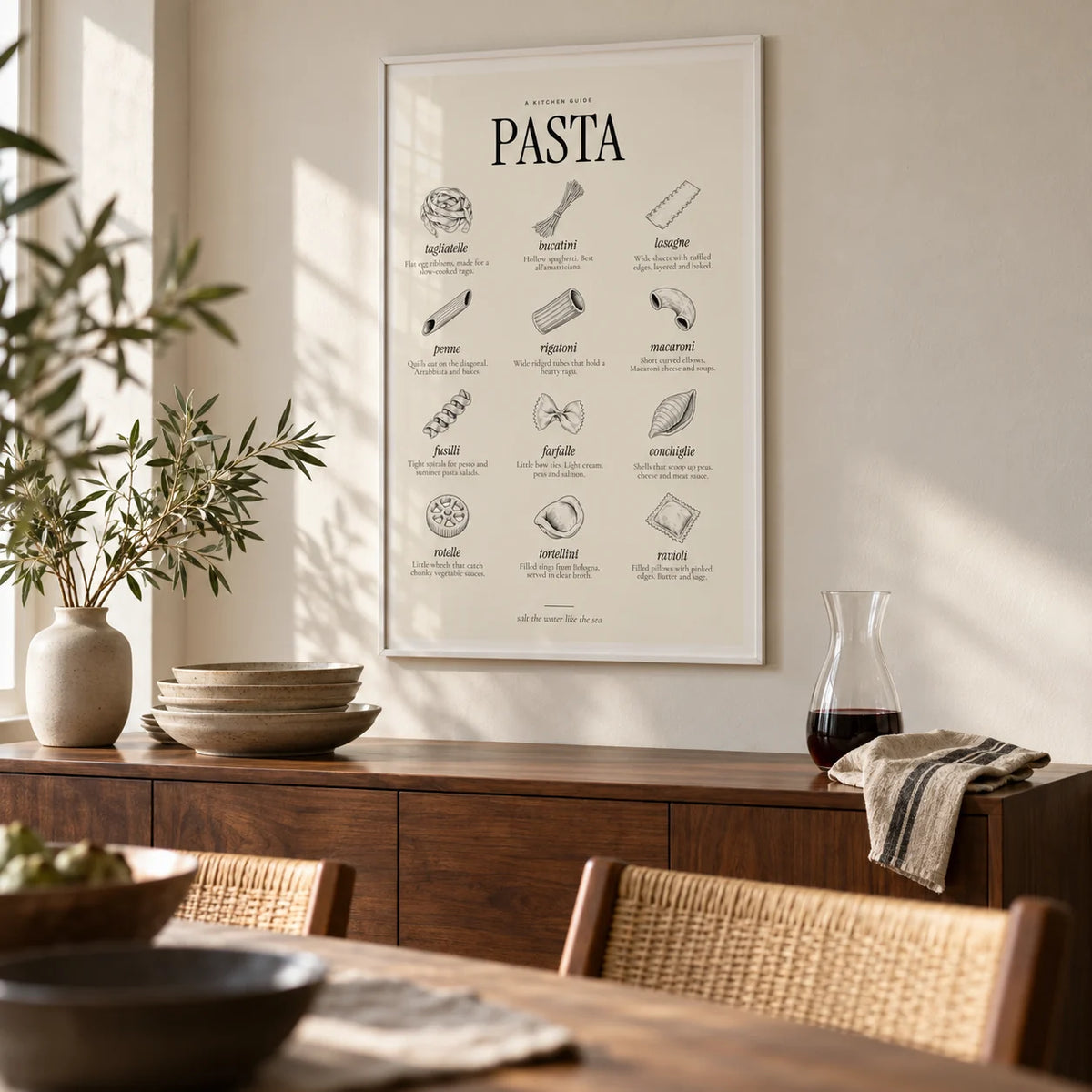 Types of Pasta Print, framed on the wall of a relaxed dining room