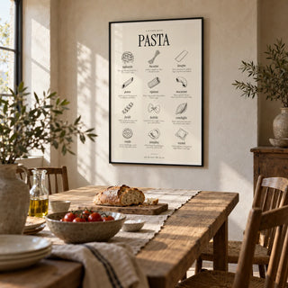 Types of Pasta Print, framed on the wall of a rustic farmhouse dining room