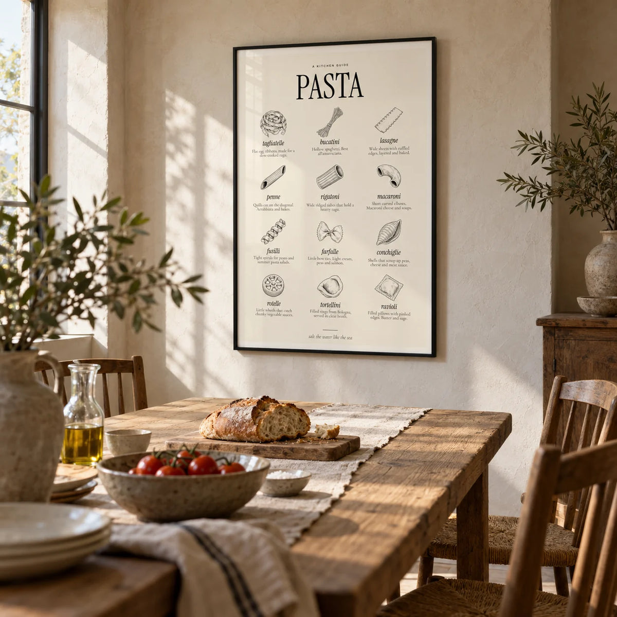Types of Pasta Print, framed on the wall of a rustic farmhouse dining room