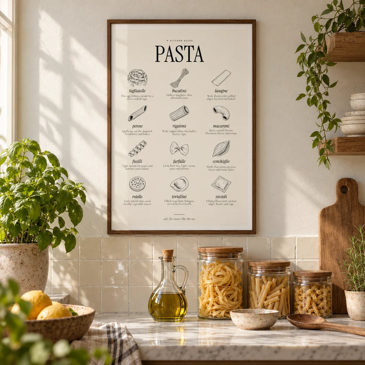 Types of Pasta Print, framed on the wall of a warm Italian-style kitchen