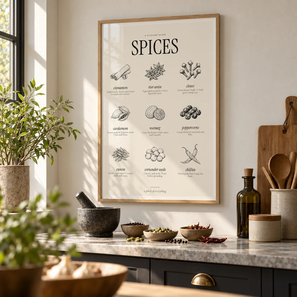 Types of Spices Print, framed on the wall of a calm modern kitchen
