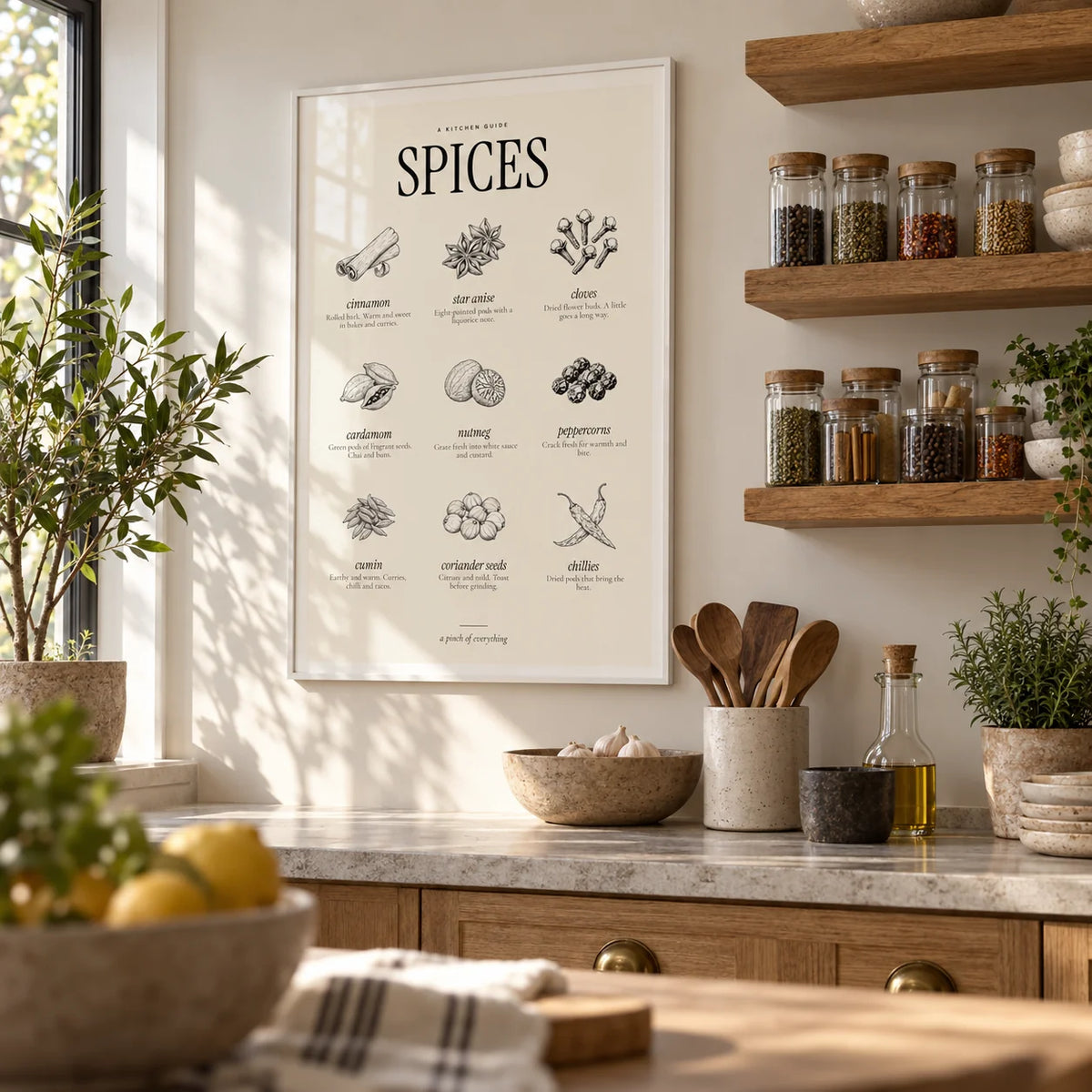 Types of Spices Print, framed on the wall of a kitchen with open shelves