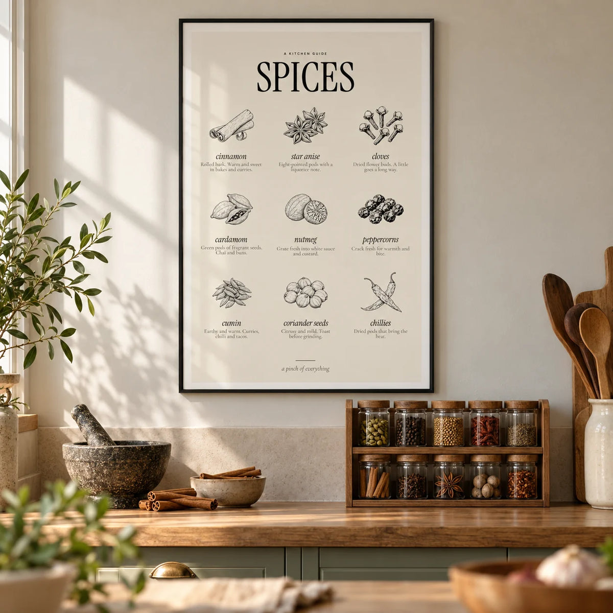 Types of Spices Print, framed on the wall of a warm kitchen
