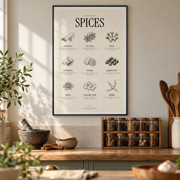 Types of Spices Print, framed on the wall of a warm kitchen