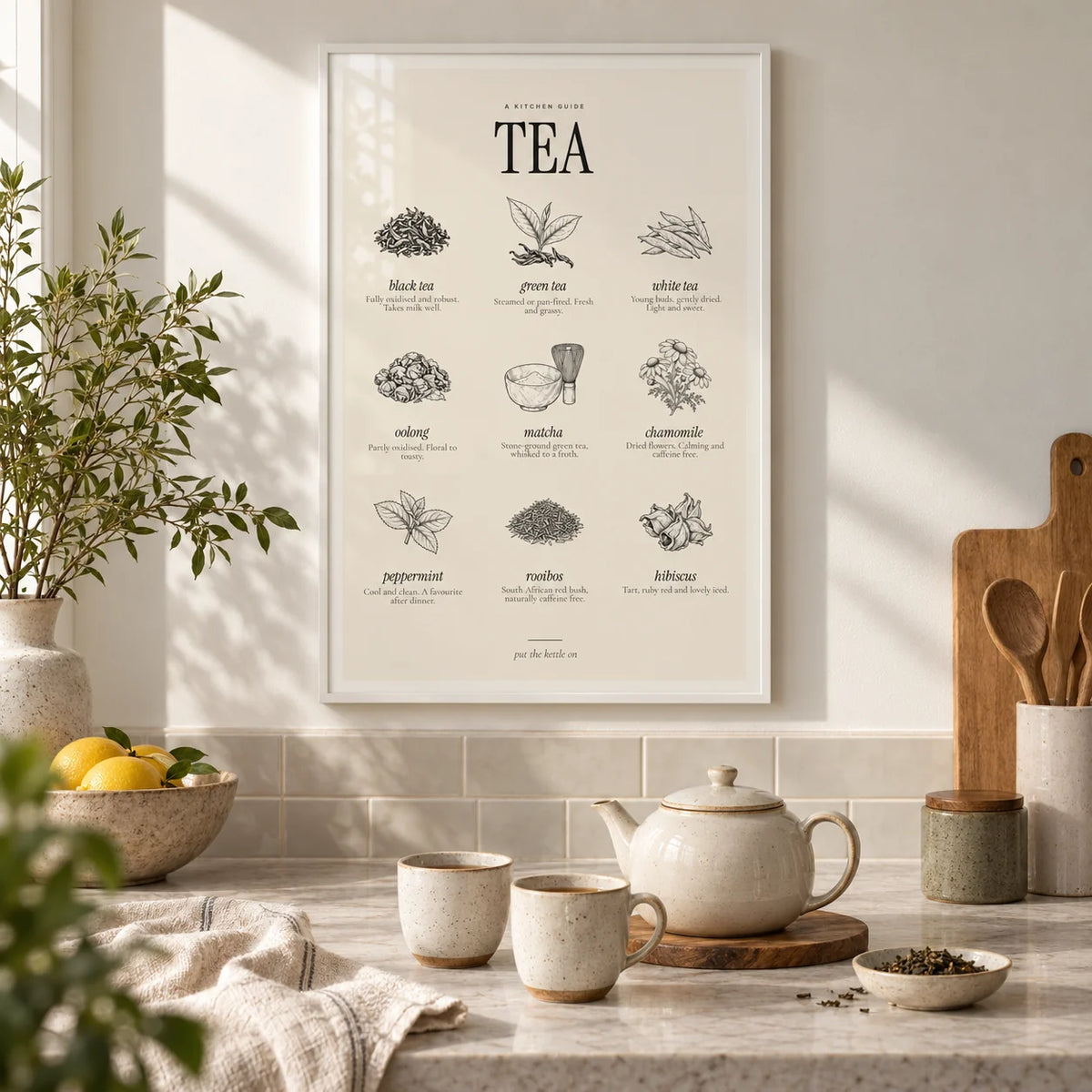 Types of Tea Print, framed on the wall of a calm kitchen tea corner