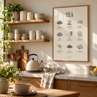 Types of Tea Print, framed on the wall of a kitchen with open shelves of plain tea tins and cups