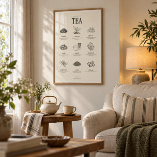 Types of Tea Print, framed on the wall of a living room reading corner