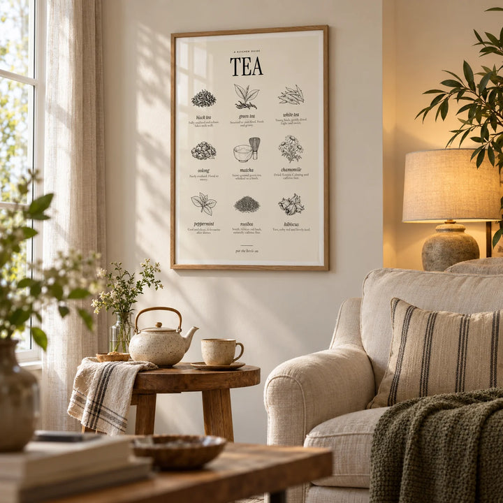 Types of Tea Print, framed on the wall of a living room reading corner