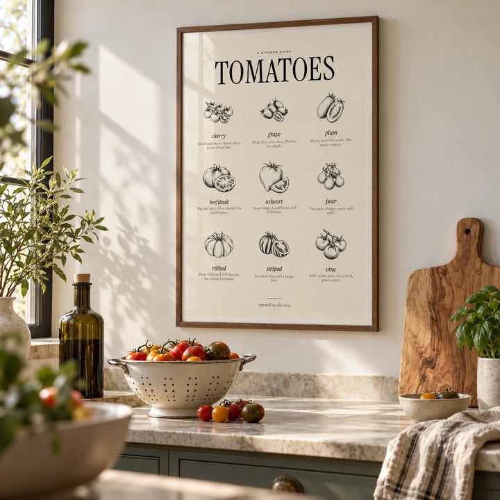 Types of Tomatoes Print, framed on the wall of a calm modern kitchen