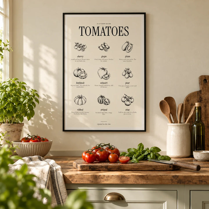Types of Tomatoes Print, framed on the wall of a farmhouse kitchen