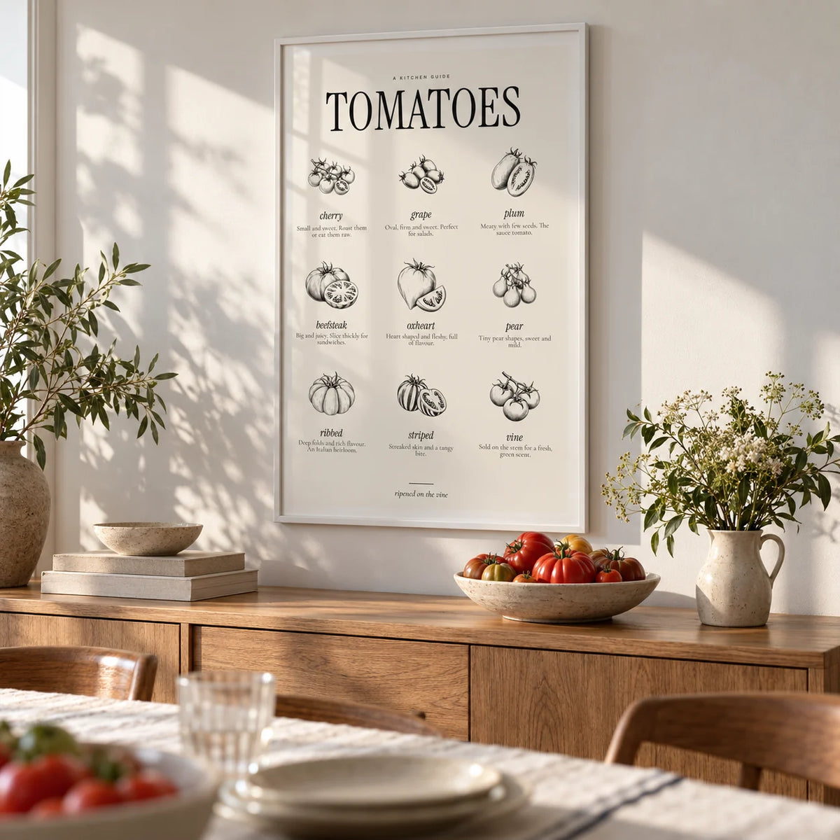 Types of Tomatoes Print, framed on the wall of a sunny dining area