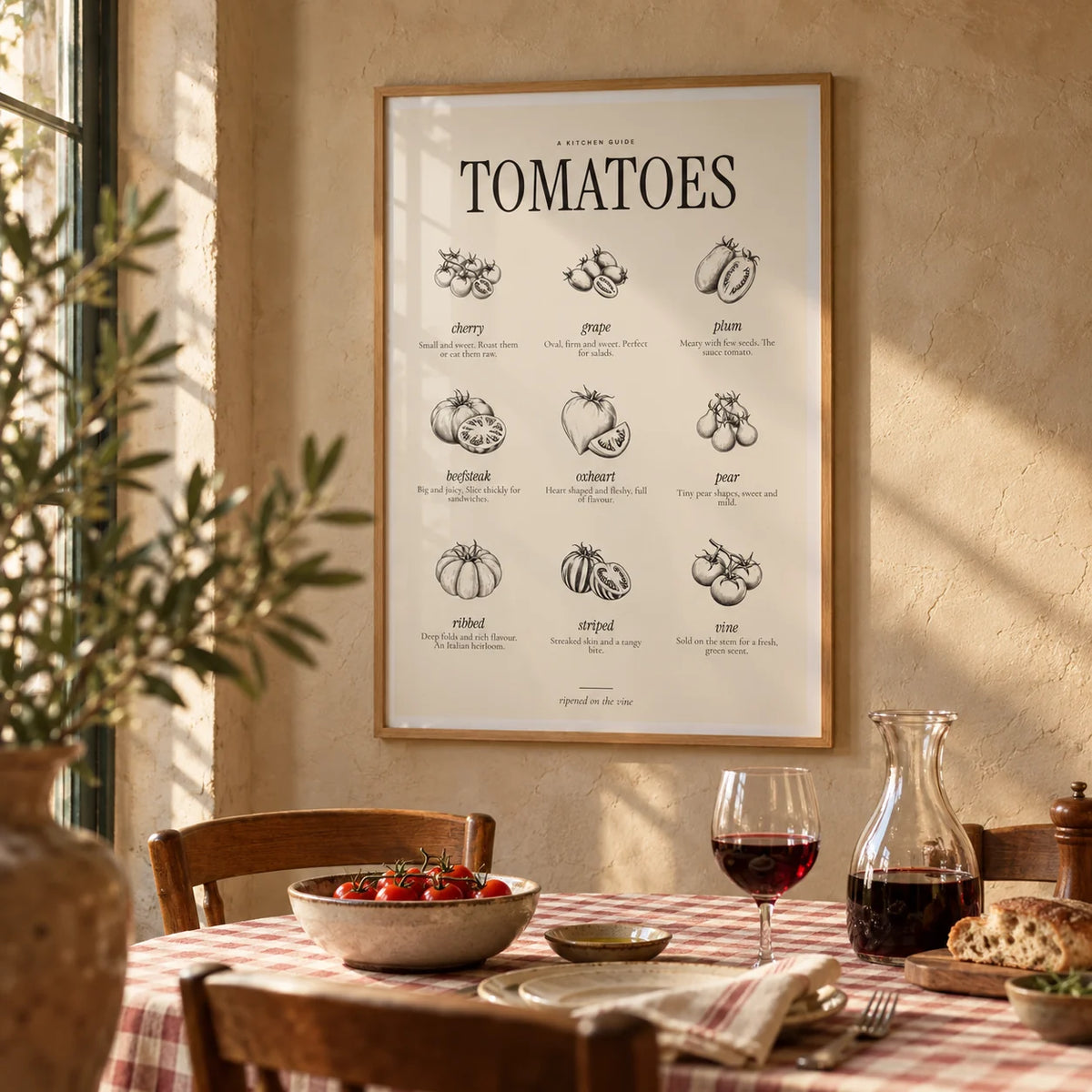 Types of Tomatoes Print, framed on the wall of a trattoria-style dining room