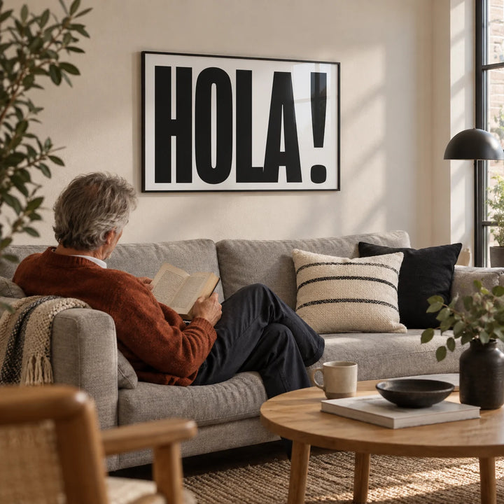 Typographic Posters, framed on the wall of a first-flat living room (22-28)