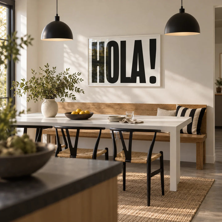 Typographic Posters, framed on the wall of a modern kitchen-diner