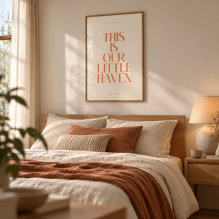 Typography Art Print, framed on the wall of a calm bedroom