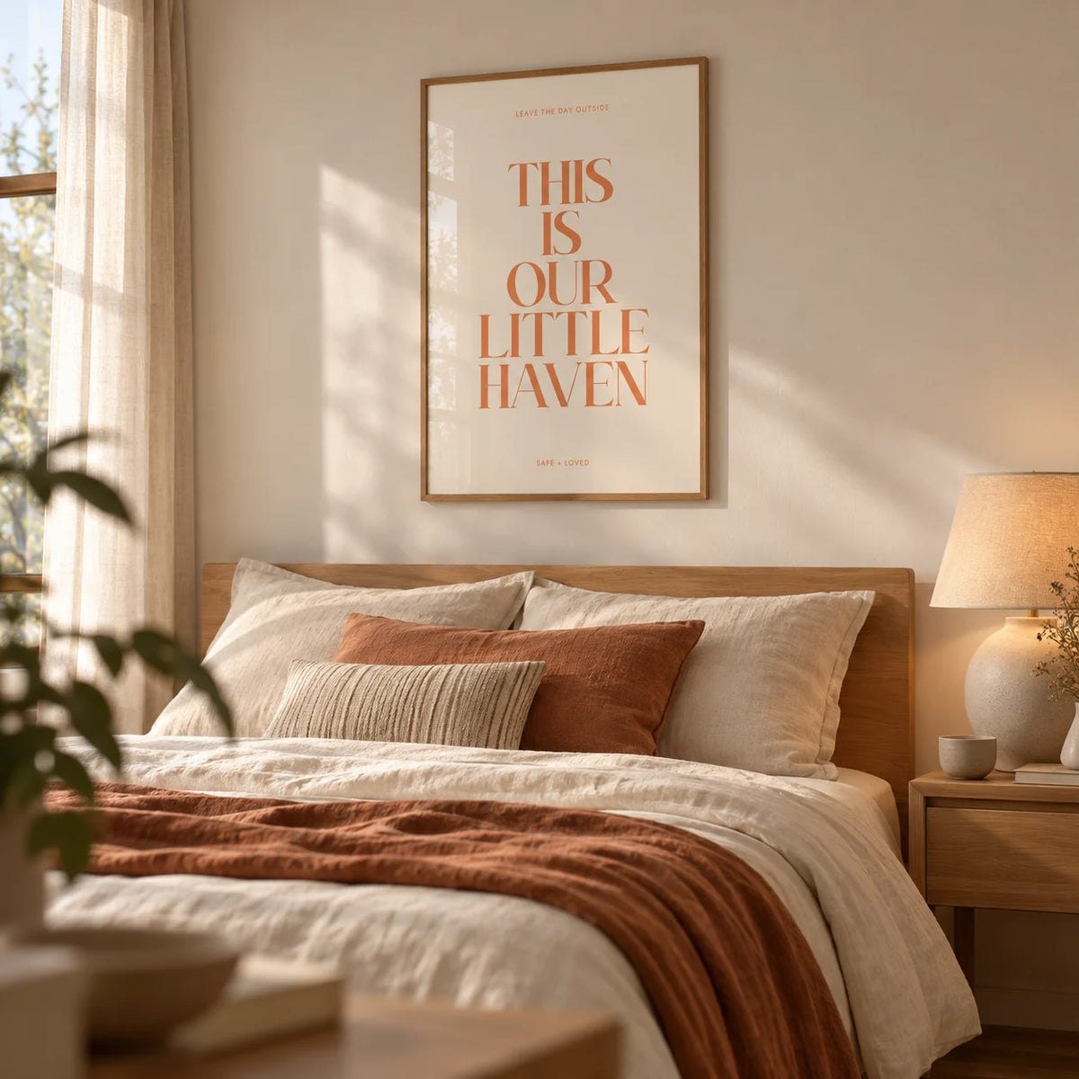 Typography Art Print, framed on the wall of a calm bedroom