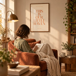 Typography Art Print, framed on the wall of a cosy reading nook in a living room