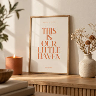 Typography Art Print, a small A4 framed print leaning on an oak shelf in a living room