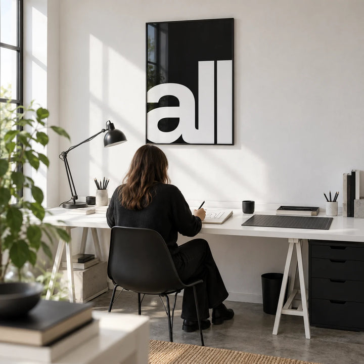 Typography Art Prints, framed on the wall of a graphic designer's home studio with a white wall and a concrete floor in a home office