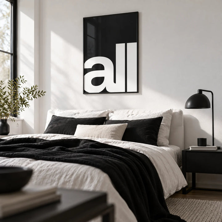 Typography Art Prints, framed on the wall of a monochrome young adult's bedroom (22-30) with a white wall