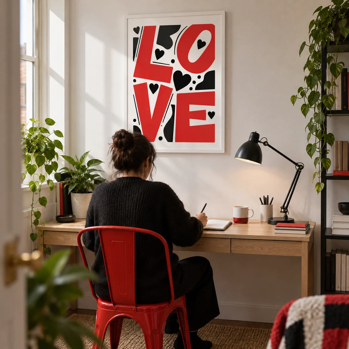Typography Love Poster, framed on the wall of a compact creative home office in a UK flat with a white wall and a red metal desk chair
