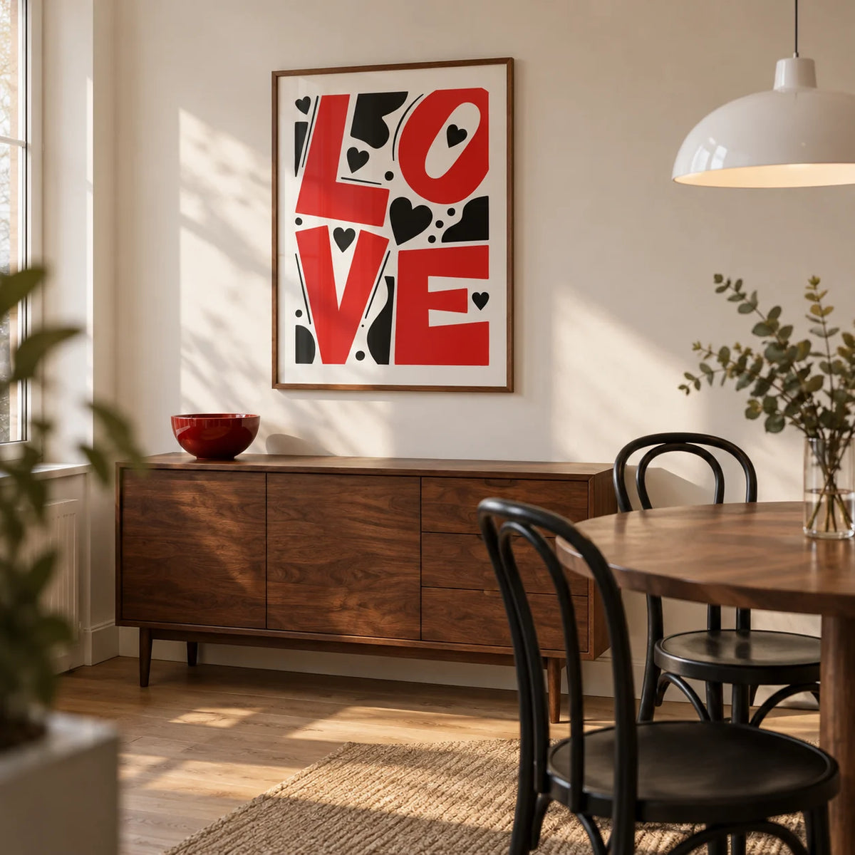 Typography Love Poster, framed on the wall of a modern dining corner in a UK terraced house with a warm white wall