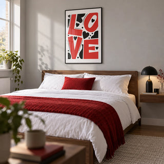 Typography Love Poster, framed on the wall of a modern double bedroom in a UK first home for a couple aged 25-35 with a pale grey wall