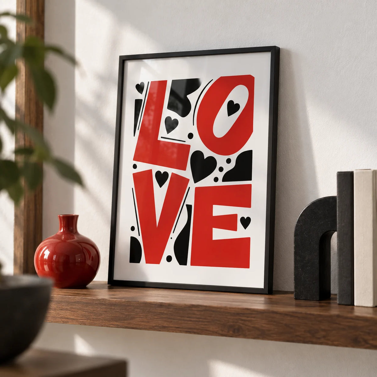 Typography Love Poster, a small A4 framed print leaning on a walnut shelf in a living room