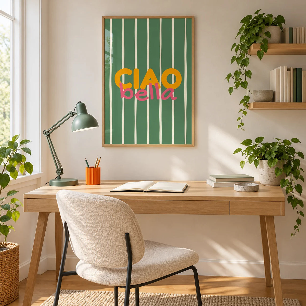 Typography Wall Art, framed on the wall of a bright personal workspace