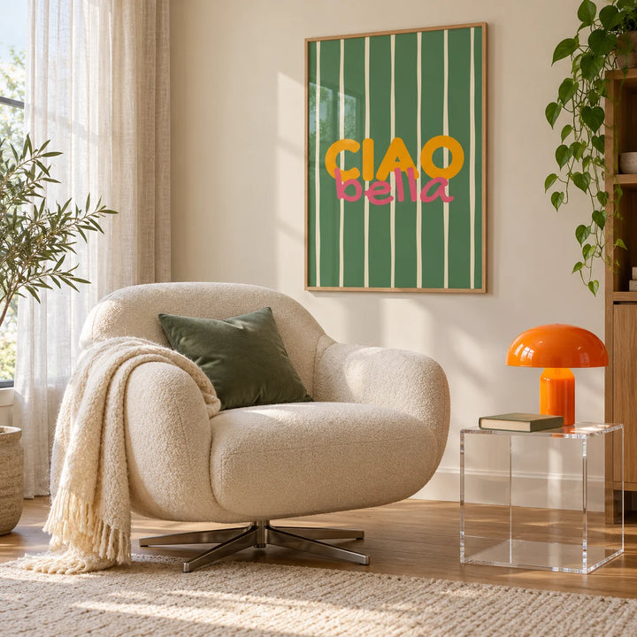 Typography Wall Art, framed on the wall of a cosy reading corner with a boucle armchair in a living room