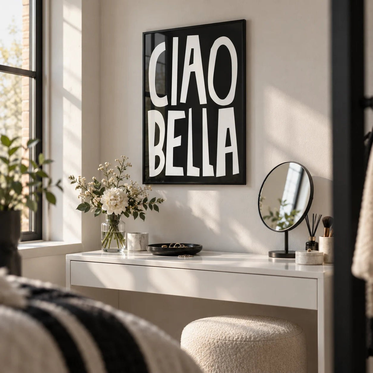 Typography Wall Art, framed on the wall of a modern dressing corner