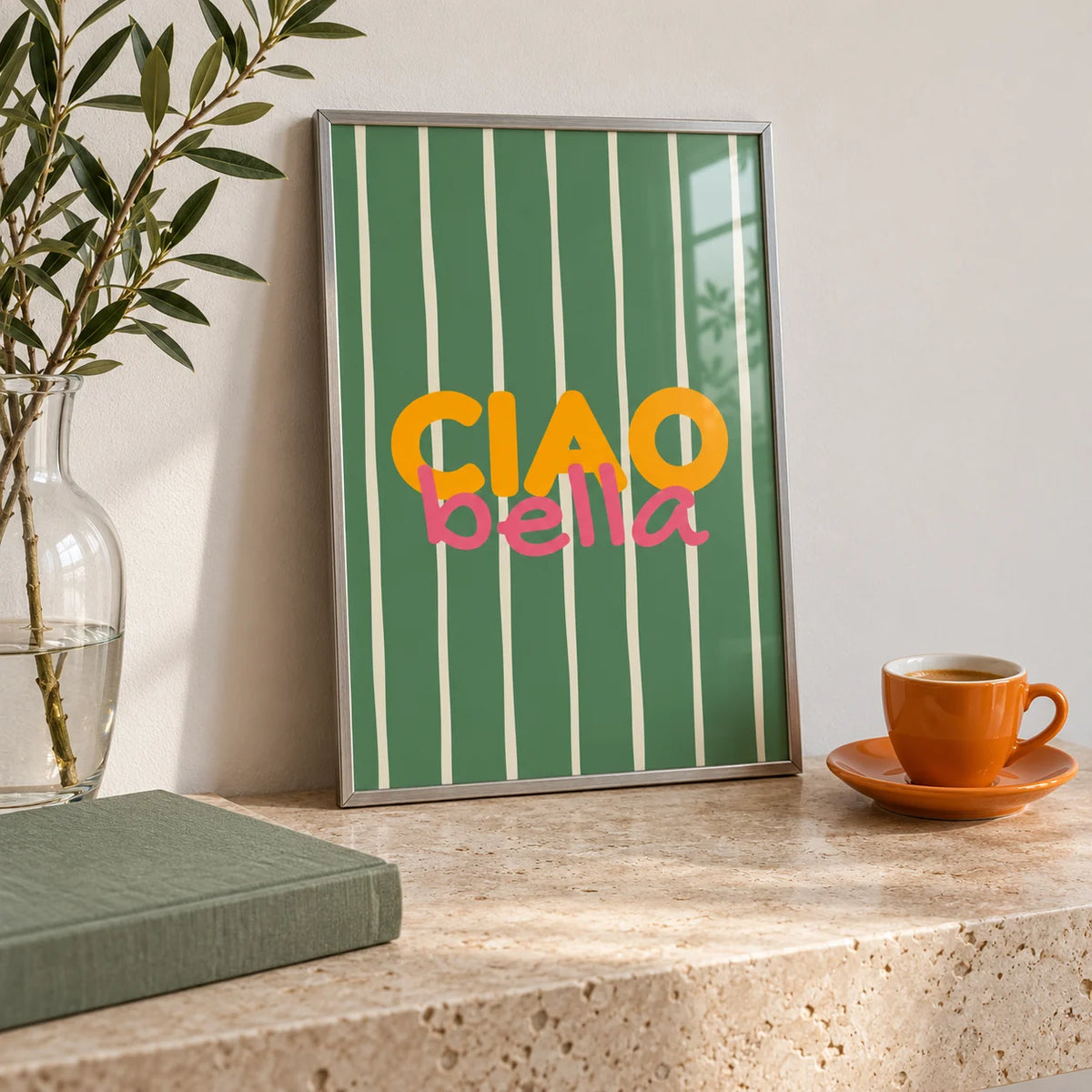 Typography Wall Art, a small A4 framed print leaning on a travertine side table in a hallway