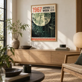 Ukiyo-e Prints, framed on the wall of a Japandi living room
