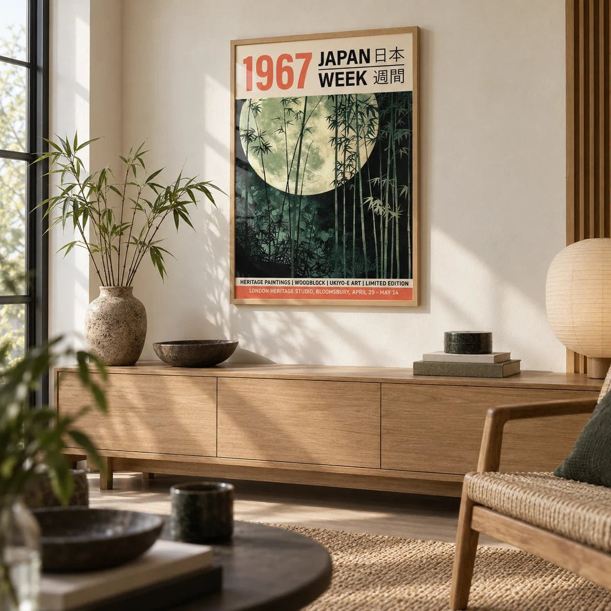 Ukiyo-e Prints, framed on the wall of a Japandi living room