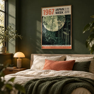 Ukiyo-e Prints, framed on the wall of a moody bedroom with a dark green wall