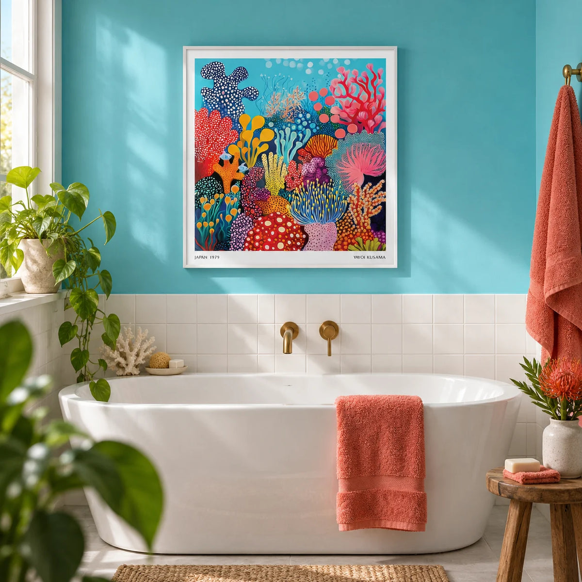 Under Sea Poster, framed on the wall of a bright bathroom with a turquoise painted wall and plain white tiles