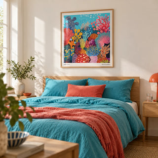 Under Sea Poster, framed on the wall of a bright bedroom with a warm white wall